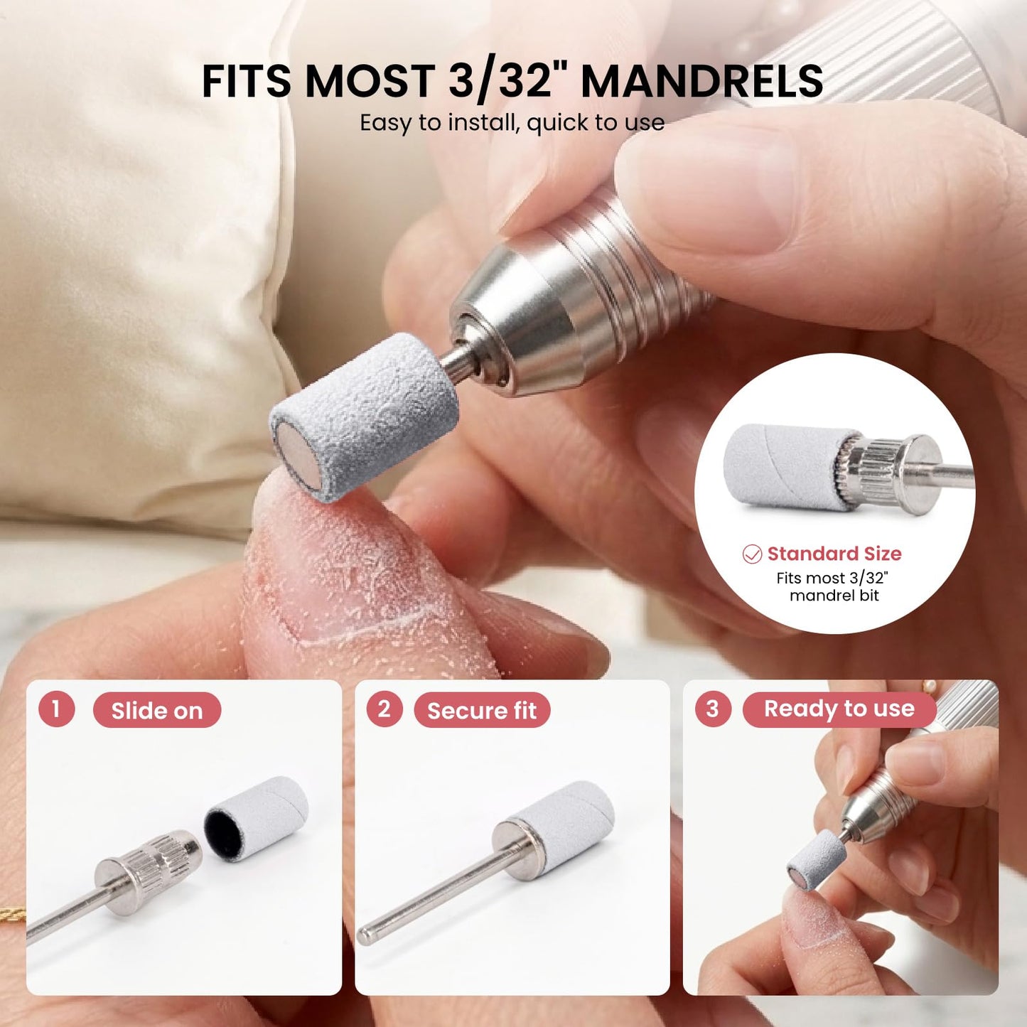 Lavinda 100 Psc Nail Drill Bits Sanding Bands for Nail Drill, 120 Grit Nail Bits for Nail Drill for Acrylic Shaping, Gel Polish Smoothing & Surface Refining Medium-White