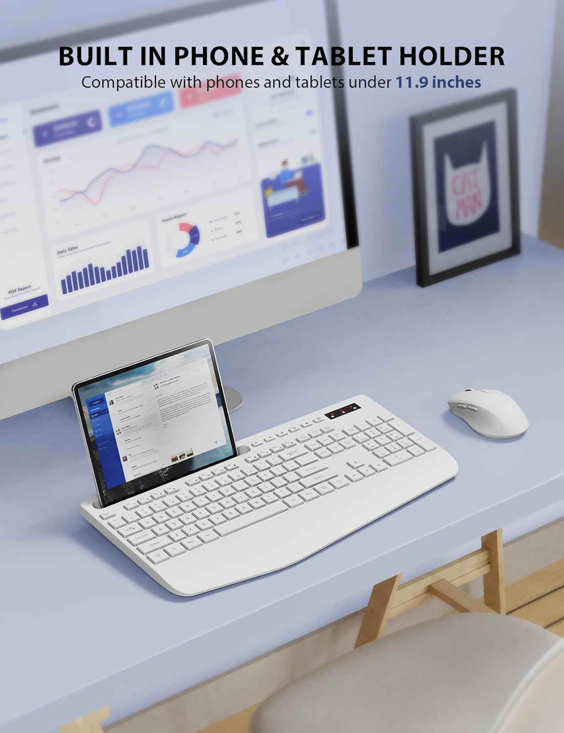 Wireless Keyboard and Mouse Combo - Full-Sized Ergonomic Keyboard with Wrist Rest, Phone Holder, Sleep Mode, Silent 2.4GHz Cordless Keyboard Mouse Combo for Computer, Laptop, PC, Mac, Windows,White