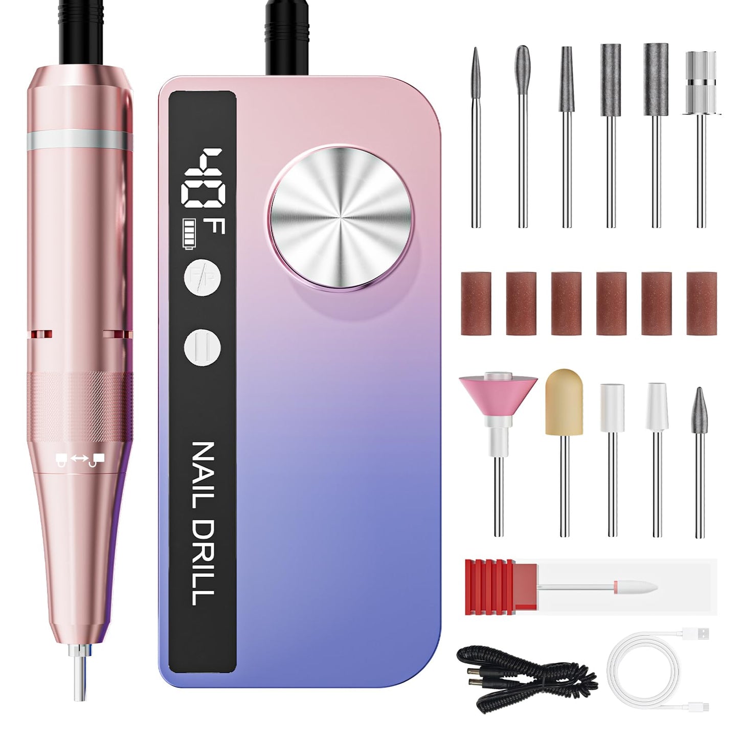 Professional Electric Nail Drill 40000RPM for Salon Home Use, Rechargeable Nail File Machine Kit with 12PCS Bits for Acrylic Gel Nails, Portable Efile Manicure Pedicure Tool (Pink Blue)
