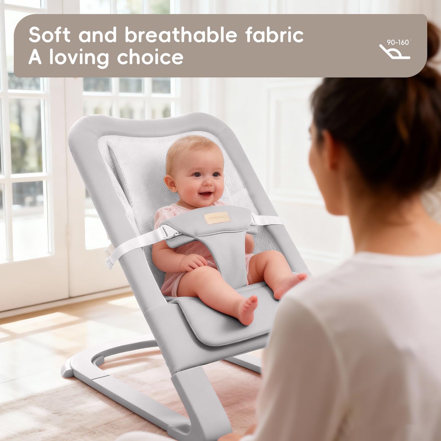 Baby Bouncer for Newborns 0-12 Months: 0-5 Years Portable Infant Seat with Soft Grey Fabric, Adjustable Recline & 3-Point Harness, Supports Up to 60 lbs