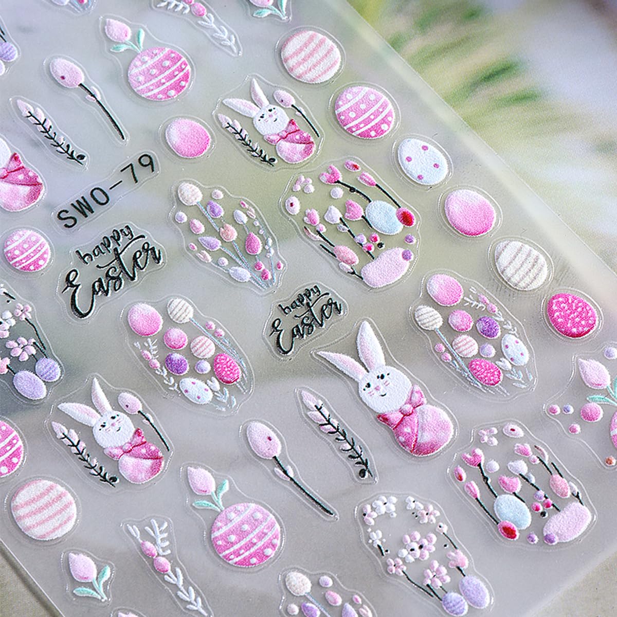 Easter Nail Stickers 6 Sheets - 5D Embossed Bunny, Eggs & Flowers Design, Self-Adhesive Nail Art Decals for Women DIY Manicure