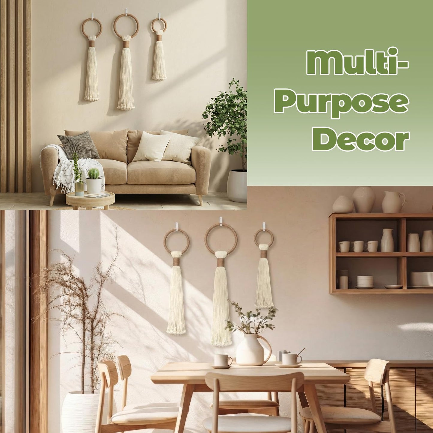 Tegeme 3-piece Macrame Wall Hanging Large Boho Wall Decor Set Extra Large Beige Boho Spherical Knot Tapestry with Long Fringe Handmade Cotton Yarn Art for Living Room Bedroom Nursery Dinning Room