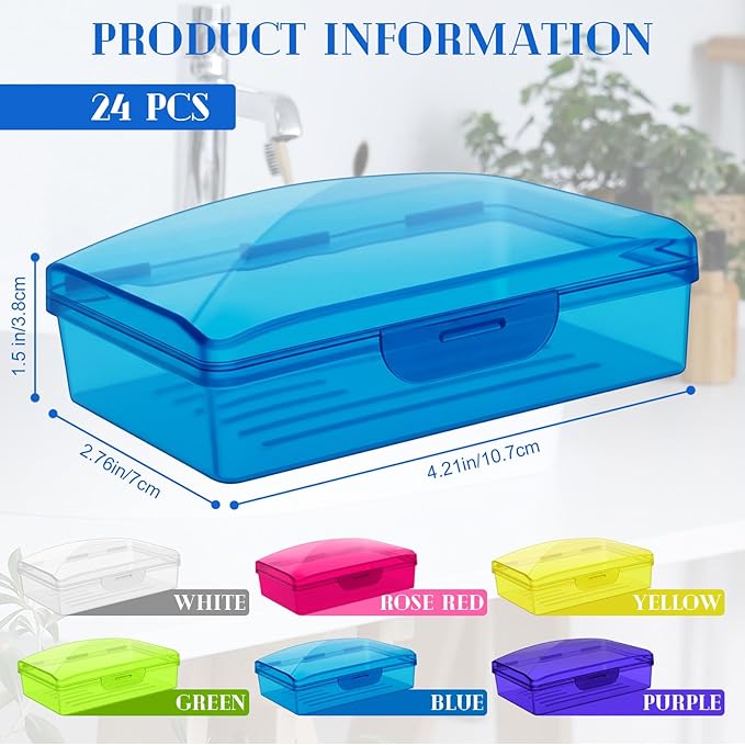 24 Pcs Travel Soap Container Portable Plastic Soap Boxes Bulk with Lid Homeless Donations Bulk Gym Shower Tour Groups Hotel Outdoor Camping (Mixing Colors)