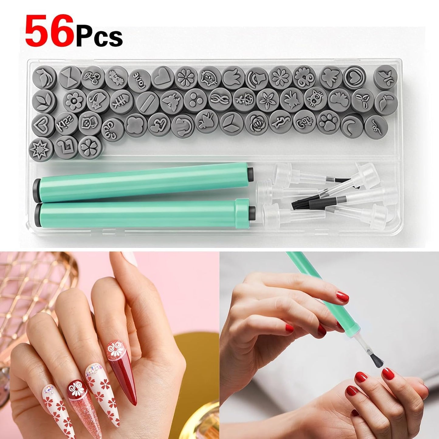 56Pcs Nail Art Stamping Pen Set Reusable DIY Nail Art Tool with Various Floral, Geometric and Animal Patterns - A Gift for Ladies- green black
