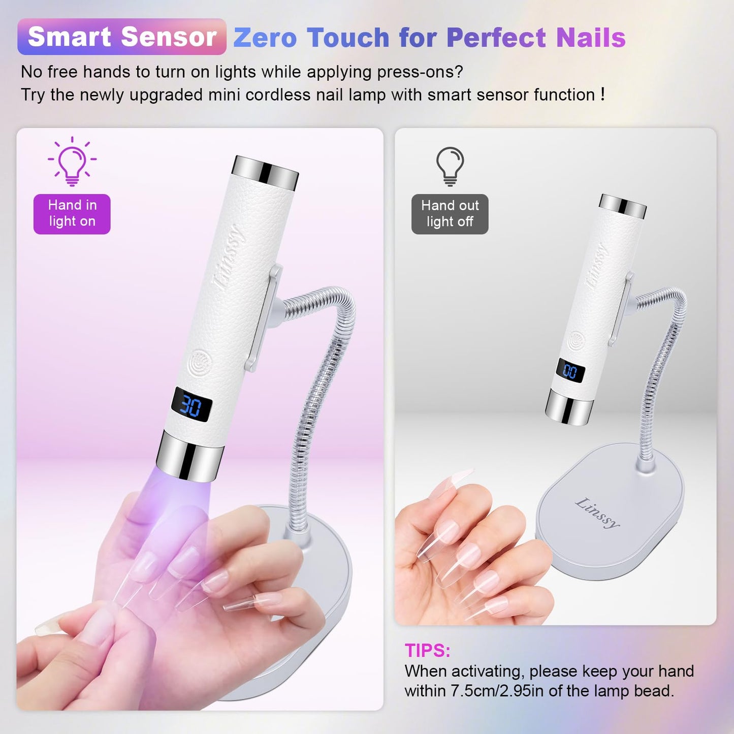 Linssy Mini UV Light for Nails with Auto Sensor & Gooseneck Stand,Portable Cordless Nail Lamp Flash Cure Lamp with LCD Display,Handheld UV Light for Gel Nails at Salon & Home Use (White)