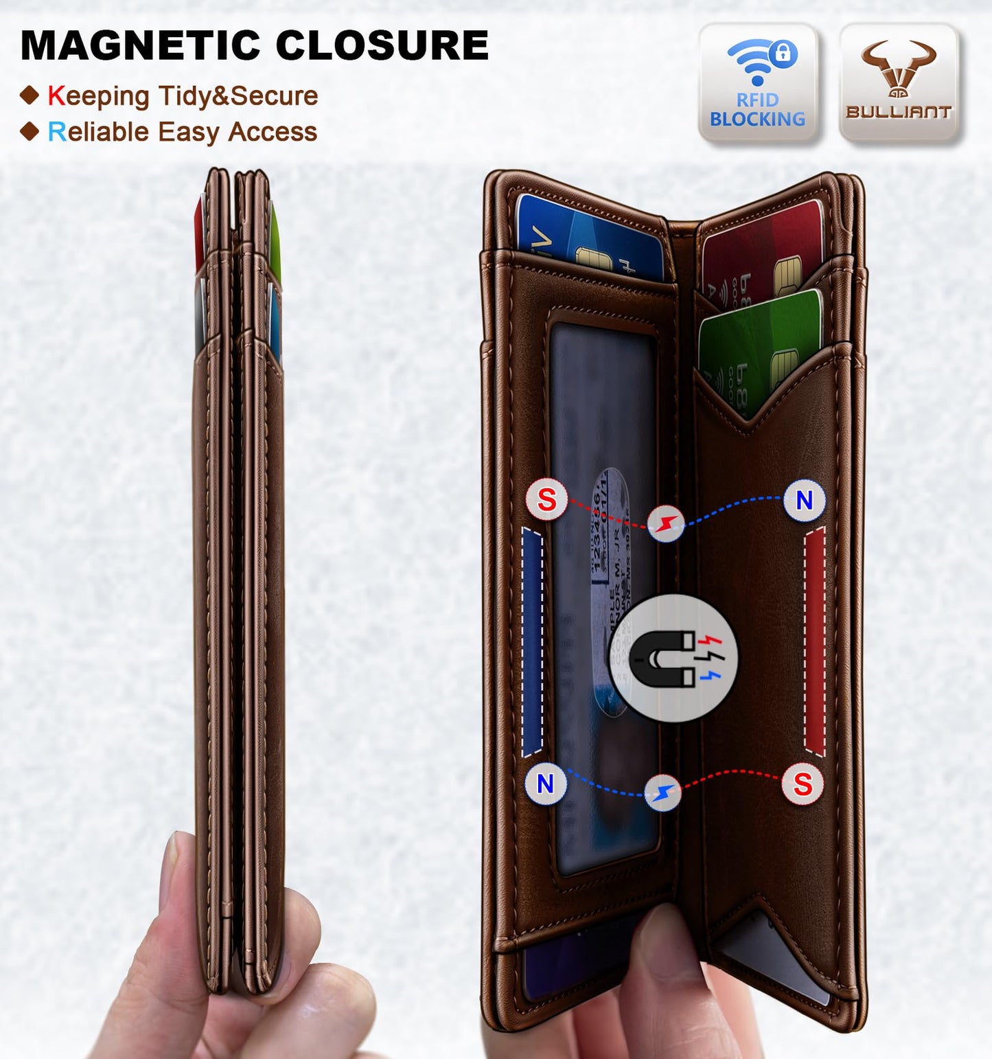 BULLIANT Men Wallet,Top Grain Leather Slim Wallet Magnetic Closure Simplifed Bill Folder RFID Blocking 11Cards