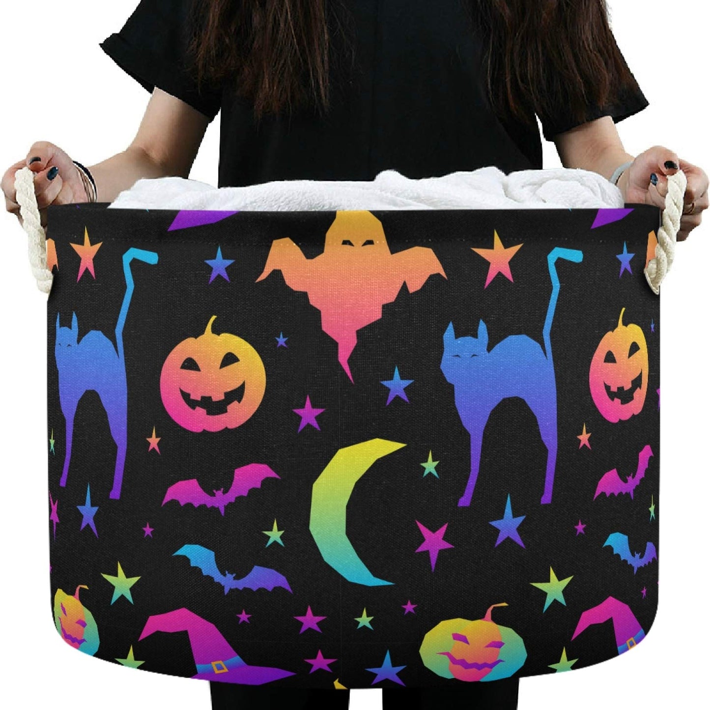 visesunny Halloween Pumpkin Cat Bat Ghost Witch Hat Collapsible Large Capacity Basket Storage Bin with Durable Cotton Handles, Home Organizer Solution for Office, Bedroom, Closet, Toys, Laundry
