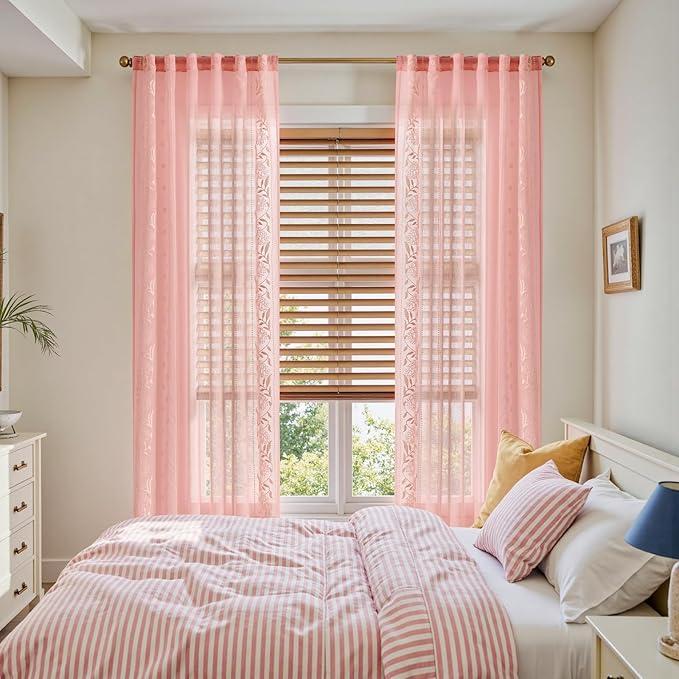 jinchan Winslow Sheer Curtains 96 Inch for Bedroom Living Room Embroidered Bordered Floral Nursery Curtains for Girls Room Light Filtering, Beige on Pink, 2 Panels, 50W x 96L