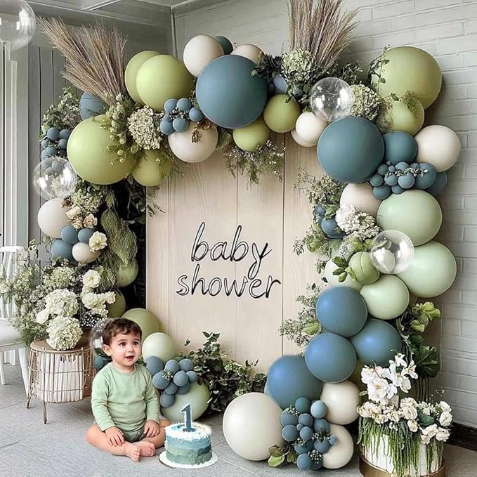 Dusty Blue & Mint Green Balloon Arch Kit, Double Stuffed with Clear Bobo – Slate Blue, Olive, White & Beige Latex Balloons for Baby Shower, Bridal & Wedding