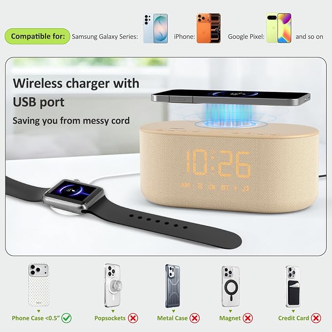 DreamSky Alarm Clock Radio with Wireless Charging and Bluetooth Speaker
