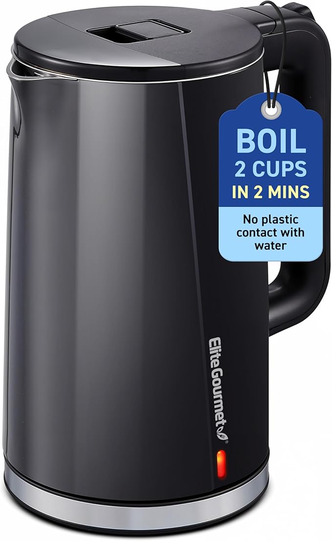 Elite Gourmet 1.7L Cool-Touch 1500W Fast Boil Electric Kettle, Fully Stainless Steel Lid & Interior BPA Free, Double Wall, Auto Shut-Off, Black