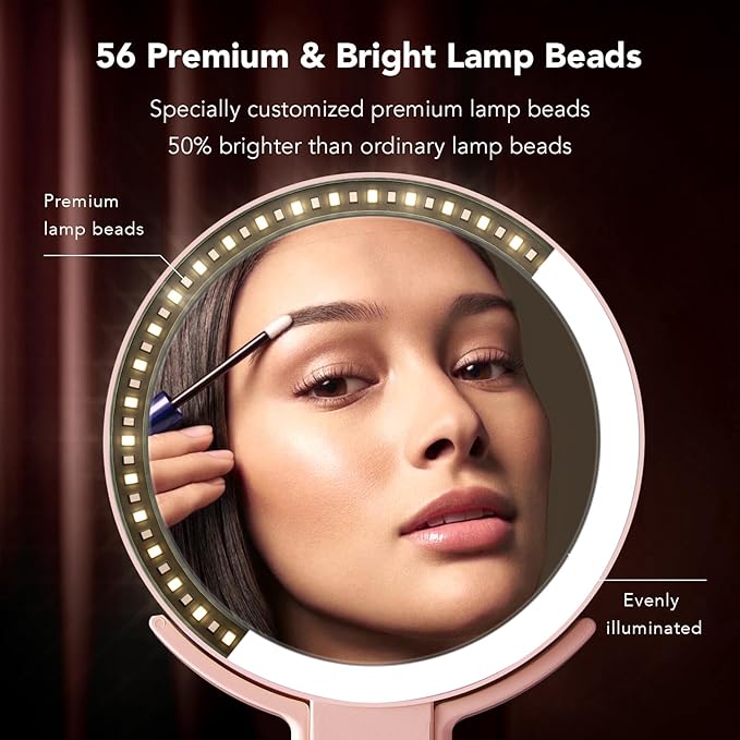 LitBear Travel Makeup Mirror with Lights, Rechargeable Double-Sided 10X/1X Magnifying Mirror, Portable Lighted Beauty Mirror, 3 Color Lighting, Dimmable Touch Screen, Tabletop Handhold Hanging (Pink)