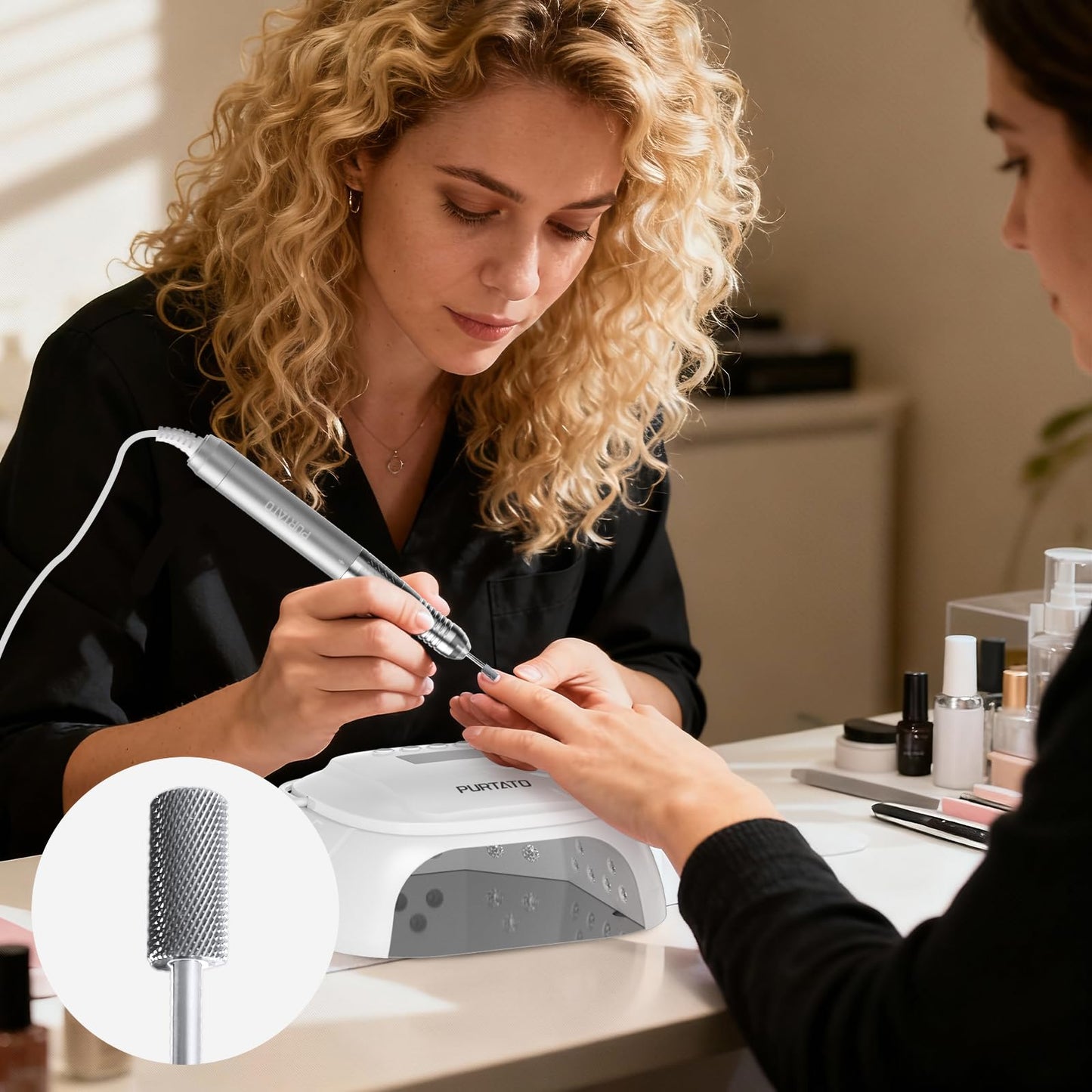 PURTATO - Professional Nail Drill Machine - Brushless Motor Nail File - Electric, Cordless, Aluminium Alloy Casing, 40000 RPM, HD Display - Perfect for Salon & Home Use (Sliver)