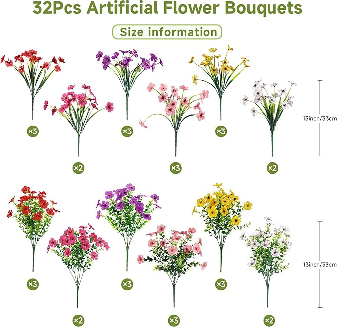 Alupssuc 32 Bundles Artificial Flowers for Outdoors Decoration, UV Resistant Silk Faux Daisy Flora Spring Fake Plastic Plants Greenery for Outside Indoor Yard Home Porch Window Box Decor, Mix 6 Colors