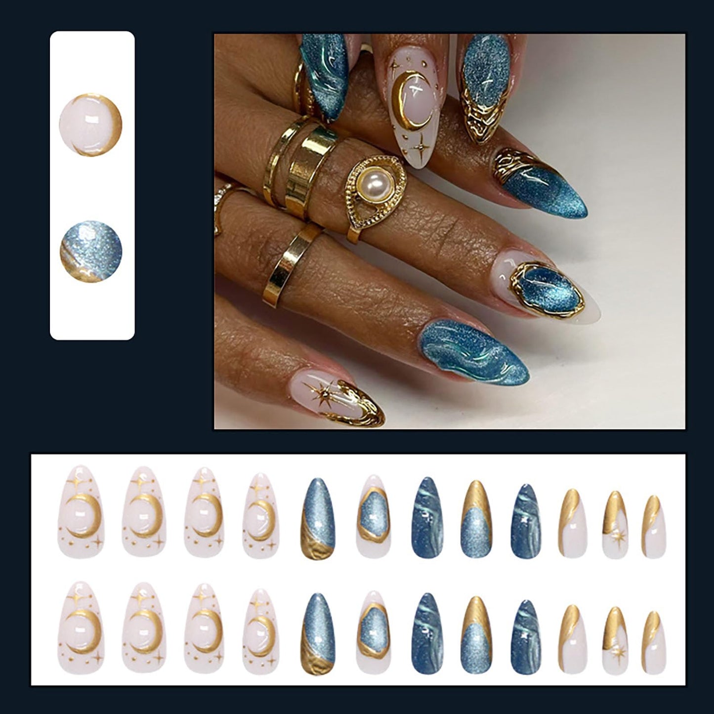 RUOKEXIN Almond Press on Nails Medium Fake Nails Blue Cat Eye False Nails with 3D Gold Designs Spring Summer Nail Press ons Sparkly Artificial Nails for Women 24Pcs