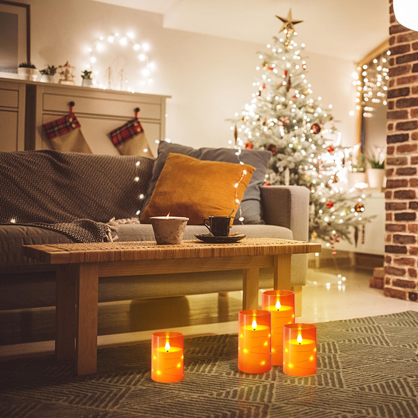 NURADA Flameless Candles with Remote Timers: Built-in Star String Lights 3D Wick Battery Operated Flickering LED Electric Candles for Halloween Thanksgiving Dinner Tables Fall Home Decor Orange 3 Pack