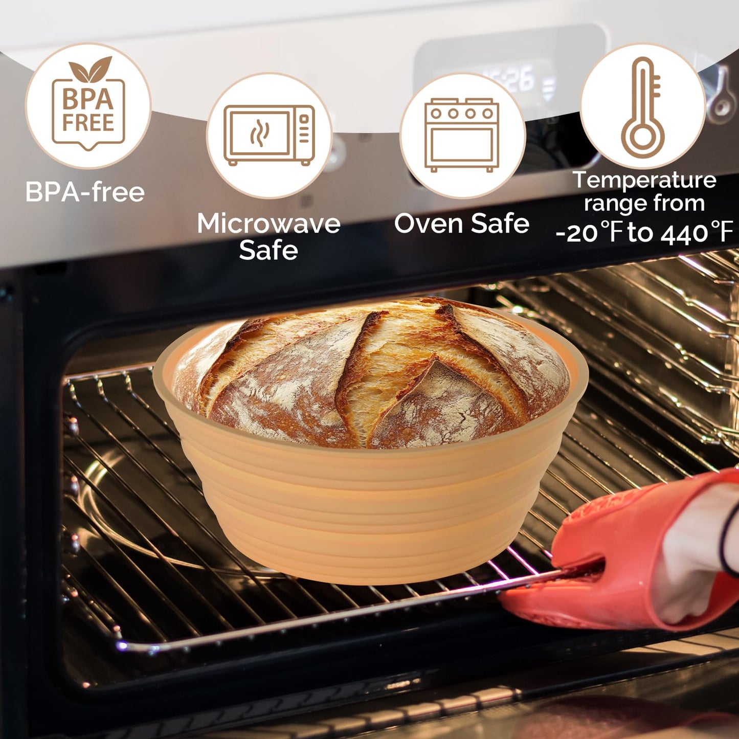 Silicone Bread Proofing Baskets, Collapsible Sourdough Baskets with Central Column, Non-Stick Round Dough Bowl, Oven & Dishwasher Safe (Beige, 9.2"L x 3.6"H)