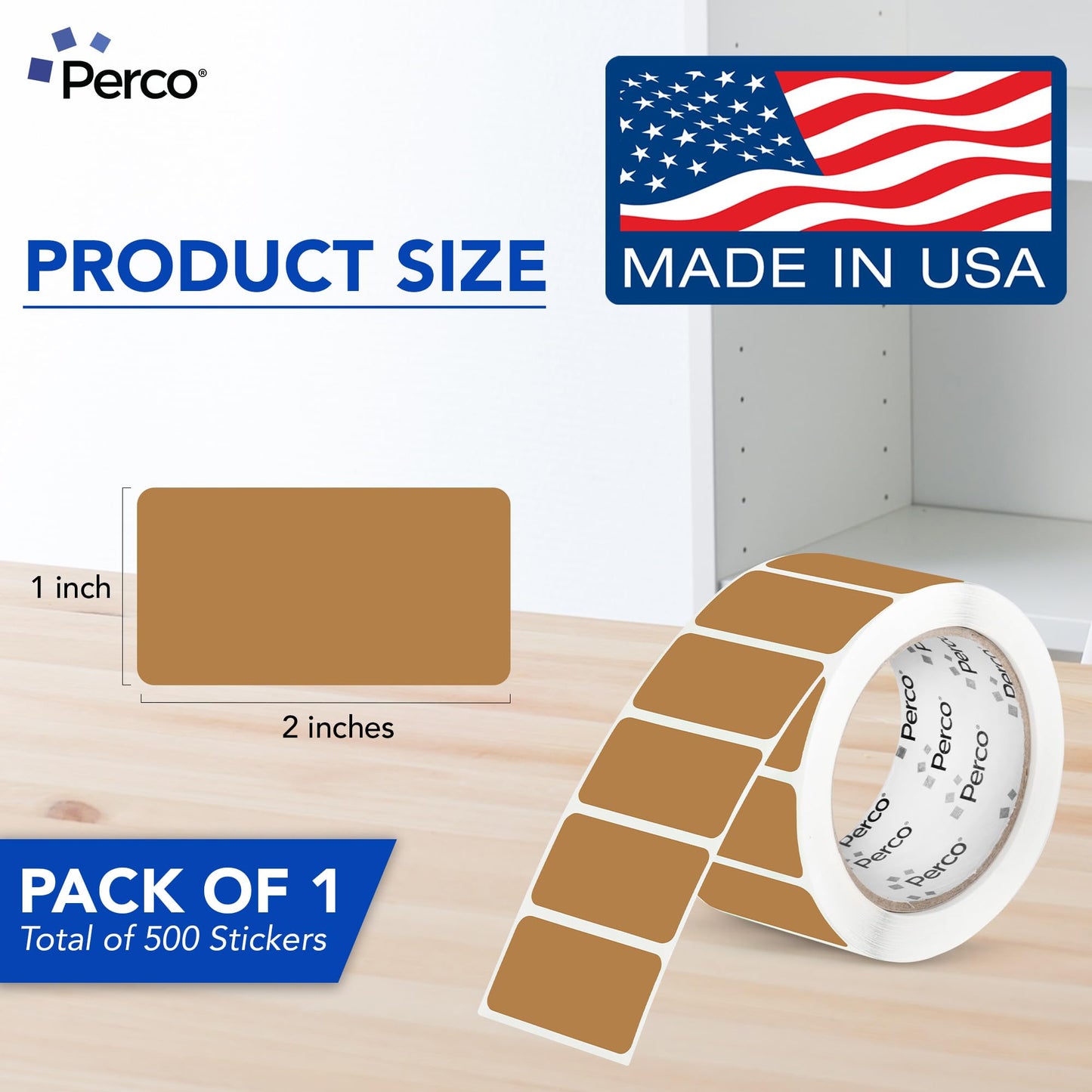Perco Kraft Brown 1x2 Inch Labels with Perforation for Easy Tear-Off — 500 Stickers Per Roll — Strong Adhesion, Rustic Product Labels for Handmade Goods, Variants & Packaging — Made in USA