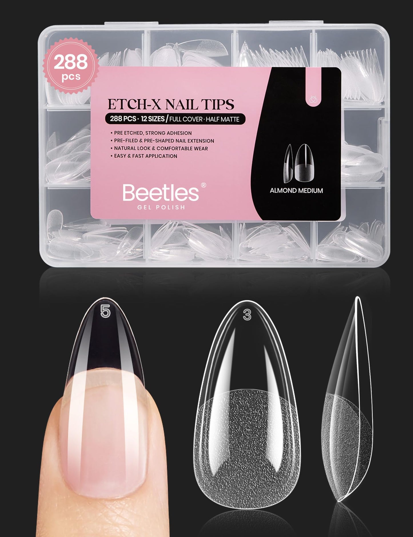 Beetles Gel Nail Tips Medium Almond Etch X, 12 Sizes 288 PCS Half Matte Full Cover Press on False Nail Tips Clear Acrylic Nails Extension Glue on Nails DIY Gift for Women