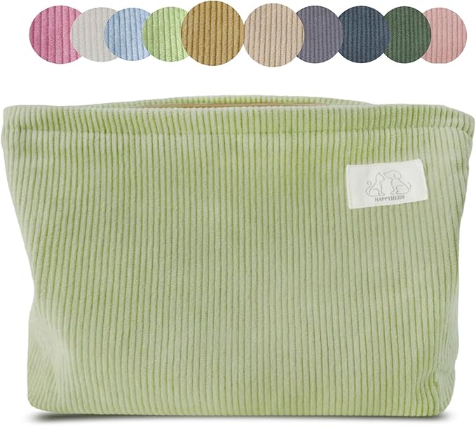 HAPPYHEIDI Fresh Green Corduroy Makeup Bag Cosmetic Toiletry Travel Pouch, Make Up Accessory Purse Organizer, Canvas Lined