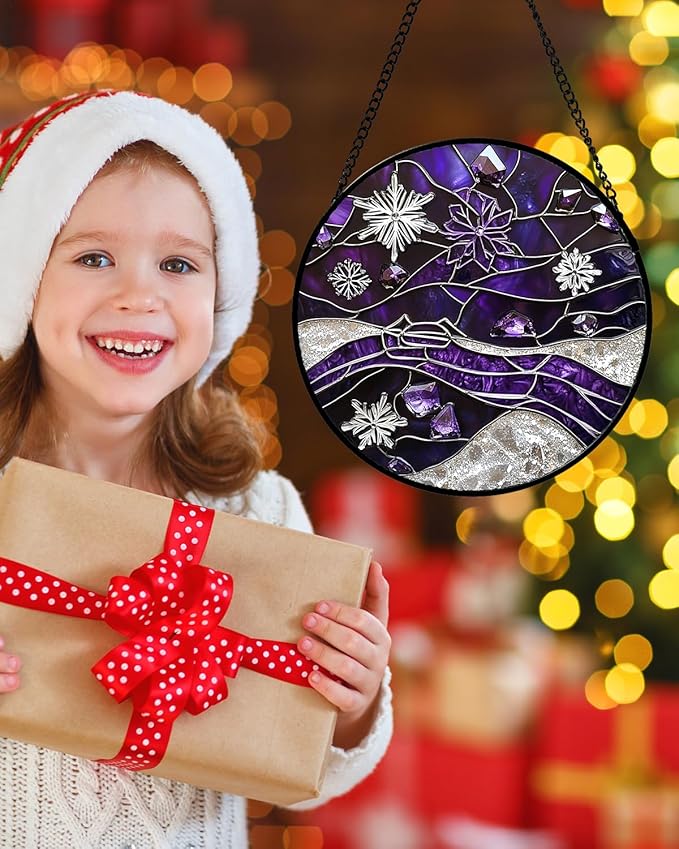 Stained Glass Window Hanging - Silver Purple Snowflakes Suncatcher for Doors Home Christmas Decoration Sun Catcher Thanksgiving New Year Birthday Gifts for Friend Women Men Mom Nana 7.8 in