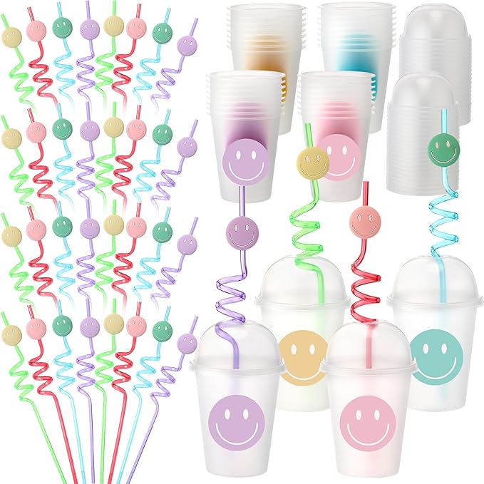 Yaomiao Smile Face Sipper Cups with Straws and Lids, 12 oz Clear Plastic Cups Happy Face Party Cups with Dome Lids Happy Party Favors for Kids, Tea, Coffee, Smoothie, Cold Drinks(32 Pack)