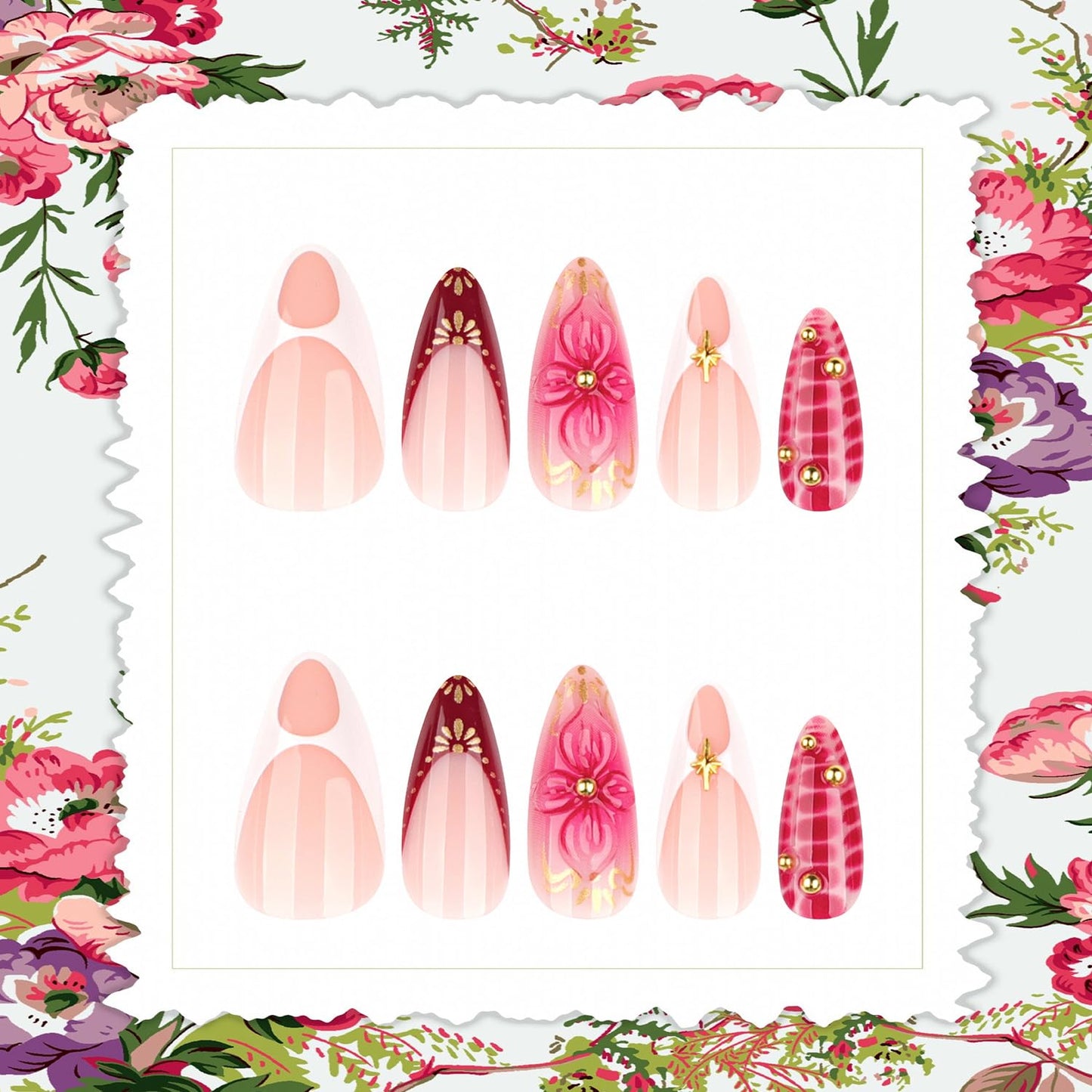 Flower Press on Nails Medium Almond Artificial Acrylic French Fake Nails 3D Floral Leopard Print with Gold Beads Spring Glossy Design Stick on Nail Glossy Artificial Fingernails for Women Manicure