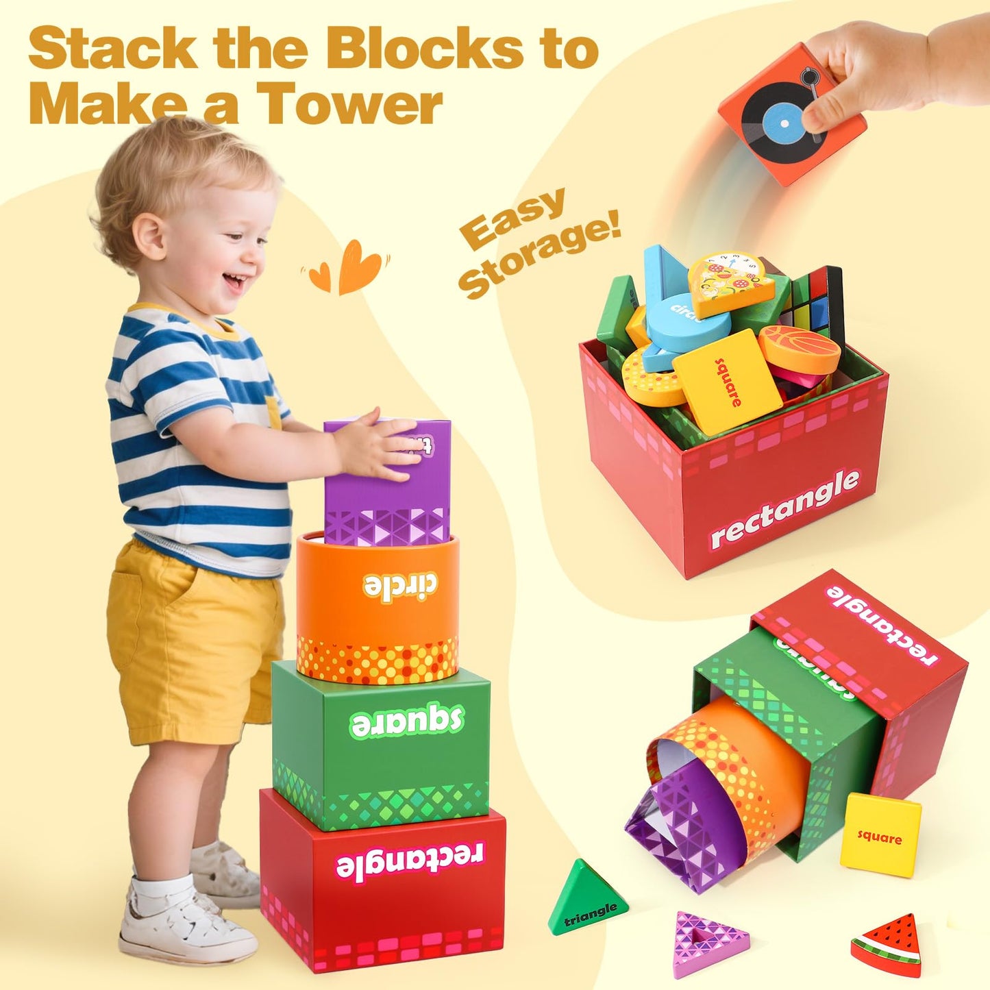 Atoylink Montessori Toys Shape Sorter for Toddlers, Wooden Stacking Blocks Nesting Boxes Baby Everyday Objects Shape Sorting Toys Matching Games, Preschool Learning Toys for 1 2 3 Year Old Boys Girls