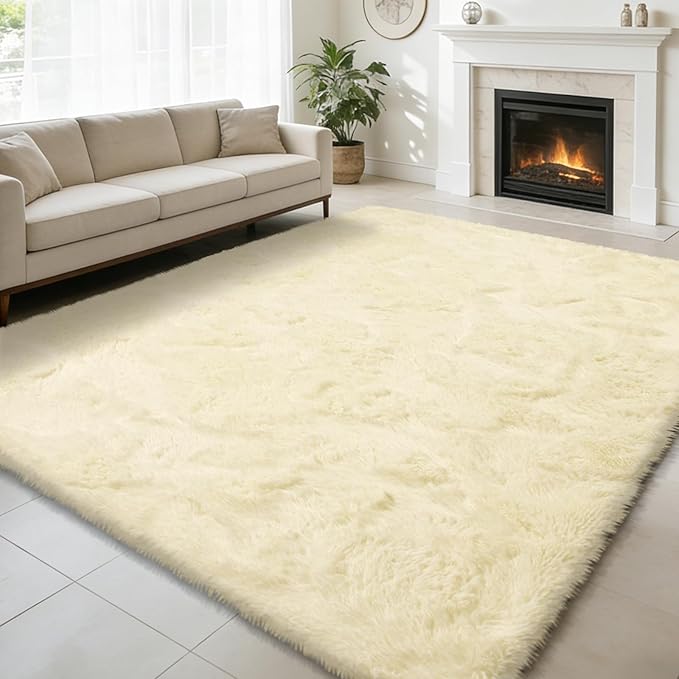 9x12 Fluffy Area Rugs for Living Room,Large Fuzzy Shag Area Rug for Bedroom,Ivory Soft Non-Shedding Indoor Plush Carpet for Kids Bedroom Nursery Home Decor