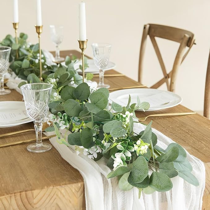 N&T NIETING 6 Pack Artificial Eucalyptus Garland with Lights, 6FT Artificial Greenery Garlands, Battery Operated Twig Vine for Room Stairs Mantle Wedding Holiday Easter Decoration Indoor Outdoor