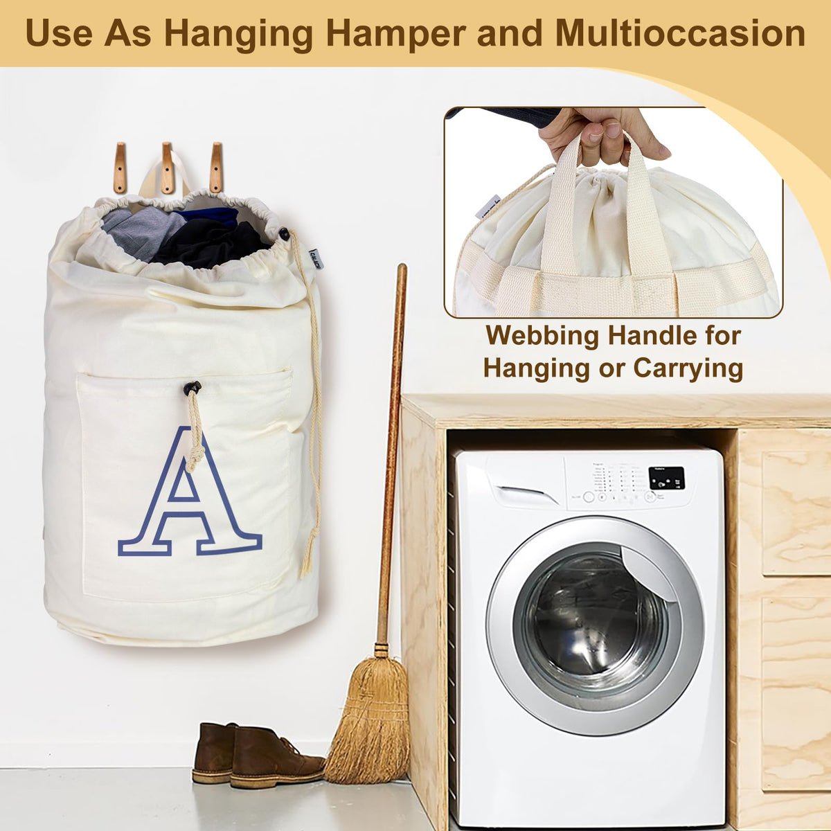 Laundry Bag Backpack Personalized Initial Design Canvas Laundry Bag with Straps & Drawstring Closure Dirty Cloth Hamper Bag for College