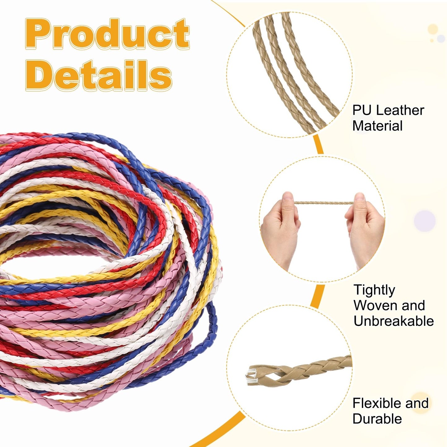 M METERXITY Round Braided Leather Cord, 10 Yards 4mm Four-Strand Faux Beading String Rope Bolo Tie 10 Meters Long for Jewelry Making/DIY Crafts, String Macrame Bracelet Thread [Beige]
