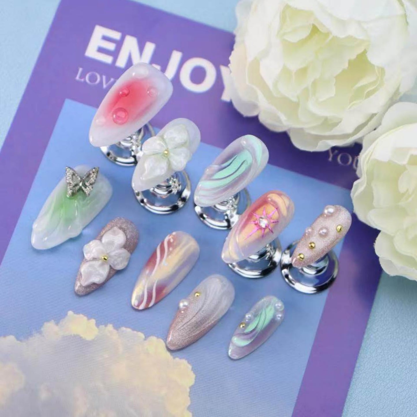 3D Floral Press on Nails Medium Almond Fake Nails Pure Handcrafted Nail Aurora Ombre Nail Press ons with Butterfly Design Stick on Nail for Women Spring Manicure(M)