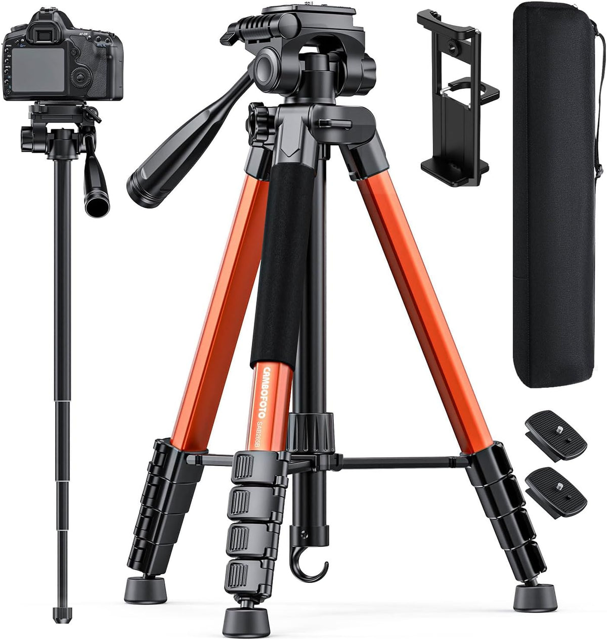 73" Camera Tripod and Monopod, Professional Aluminum Tripod Stand for Mirrorless Camera/DSLR/Cell Phone/Camcorder/GoPro, with Phone Holder and Travel Bag (Burnt Orange)