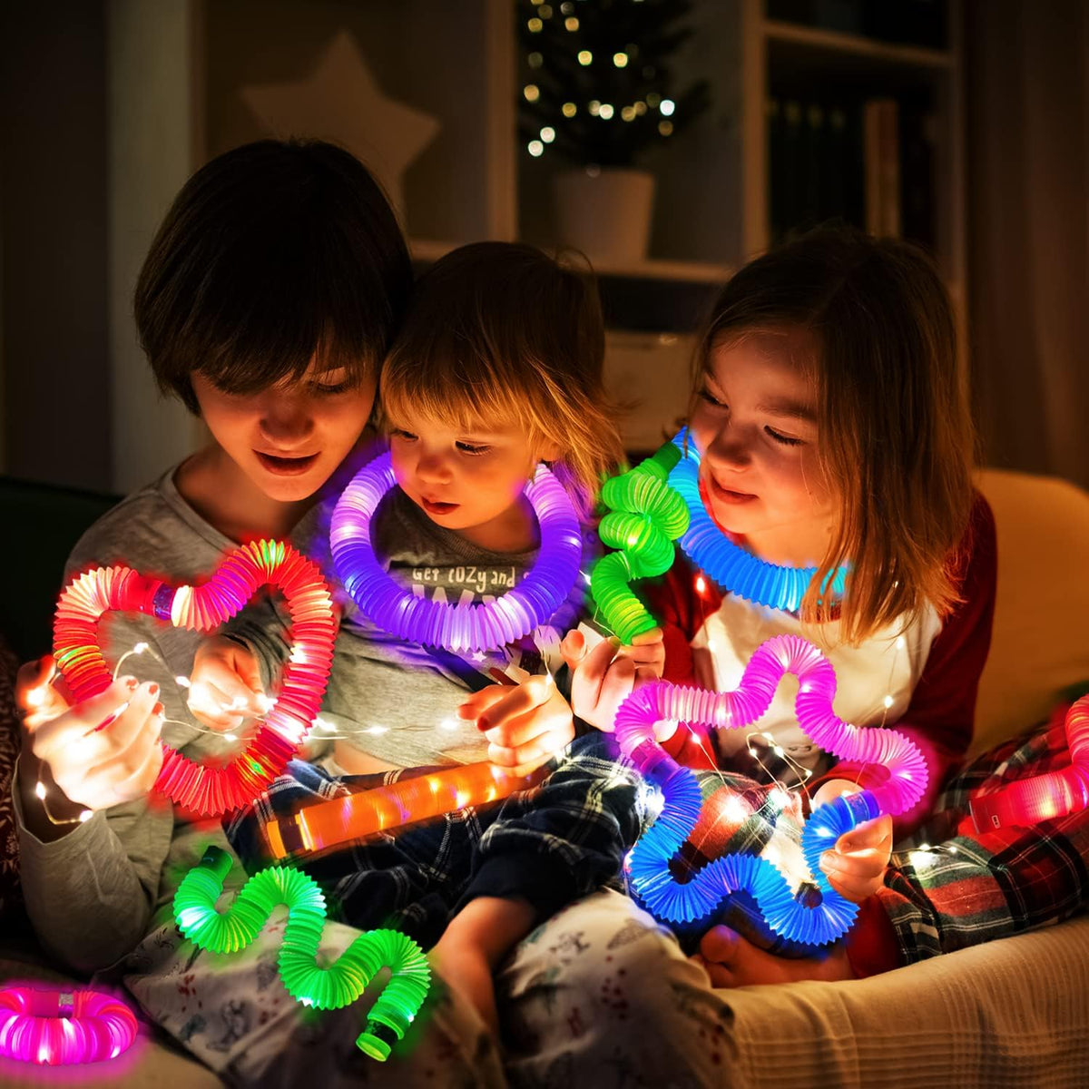 Glow Sticks Stocking Stuffers for Toddlers-6 PCS Light Up Pop Tube Party Favors Toys Gifts for Kids,Christmas LED Bracelet Necklace Accessories,Fun Camping Essentials Games Activities for Boys Girls