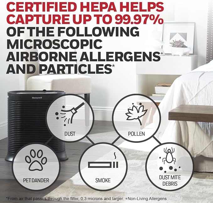 Honeywell AllergenPlus HEPA Air Purifier, Airborne Allergen Reducer for Large Rooms, Reduces Allergens, Smoke, Wildfire Smoke, Pollen, Pet Dander and More, Black, HPA200