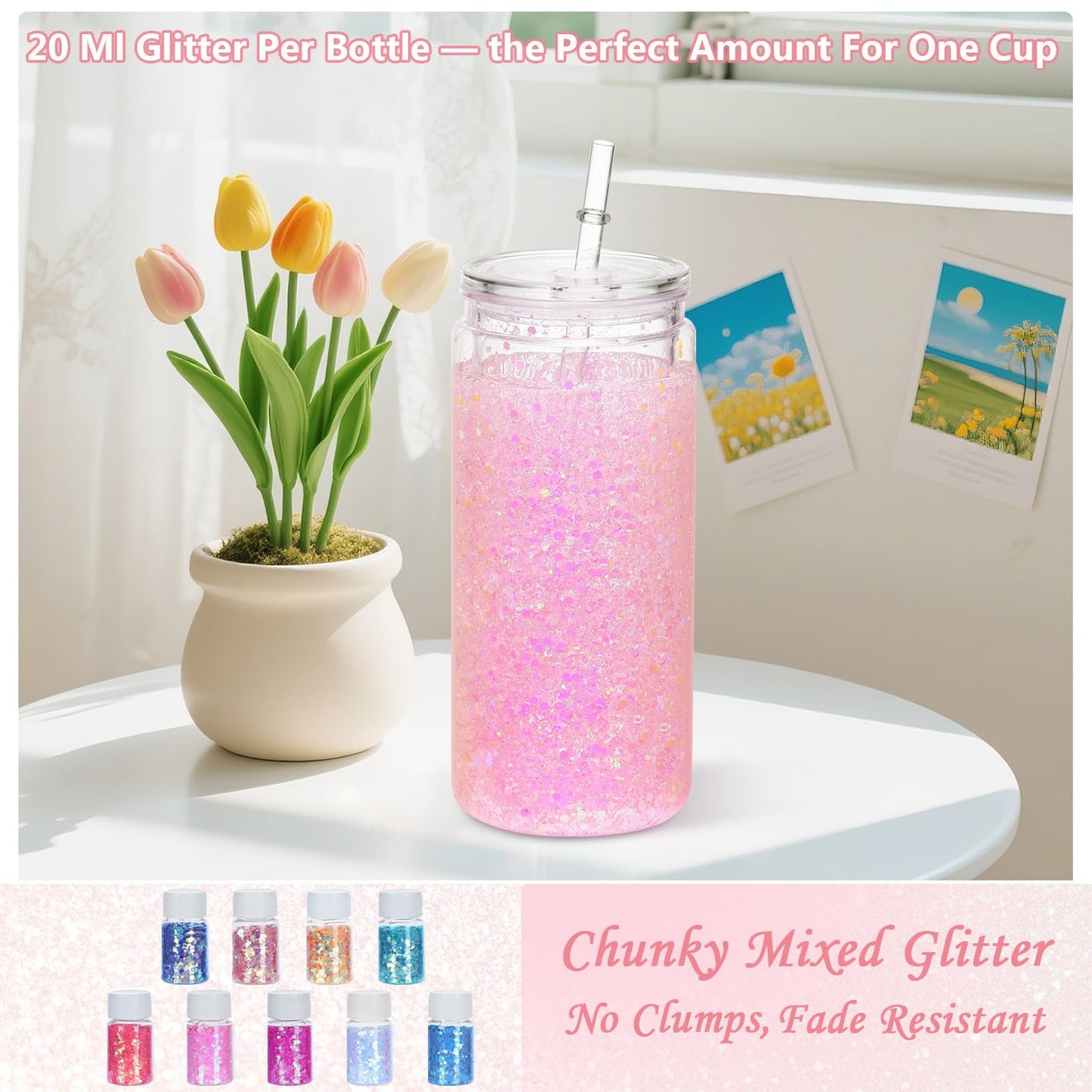 6 Pack 20 Oz Acrylic Snow Globe Tumbler Supplies Starter Kit, Double Wall Plastic Pre-Drilled Snowglobe Tumbler Cup Tool Set, Including Squeeze Bottle Cup Cradle and Scraper etc.