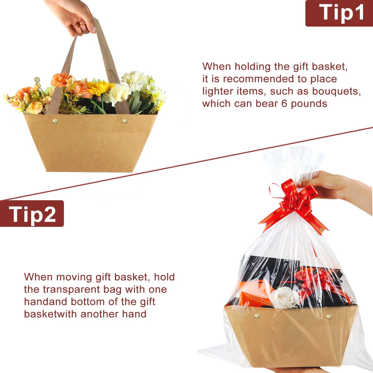 KEVTVEK Bigger Baskets for Gifts Empty, 6 Pack Sturdy Kraft Basket With Handles Gift Basket Kit, 6 Shrink Wrap Bags, 6 Bows and Hang Tag, Empty Gift Baskets to Fill for Graduation, Baby Shower