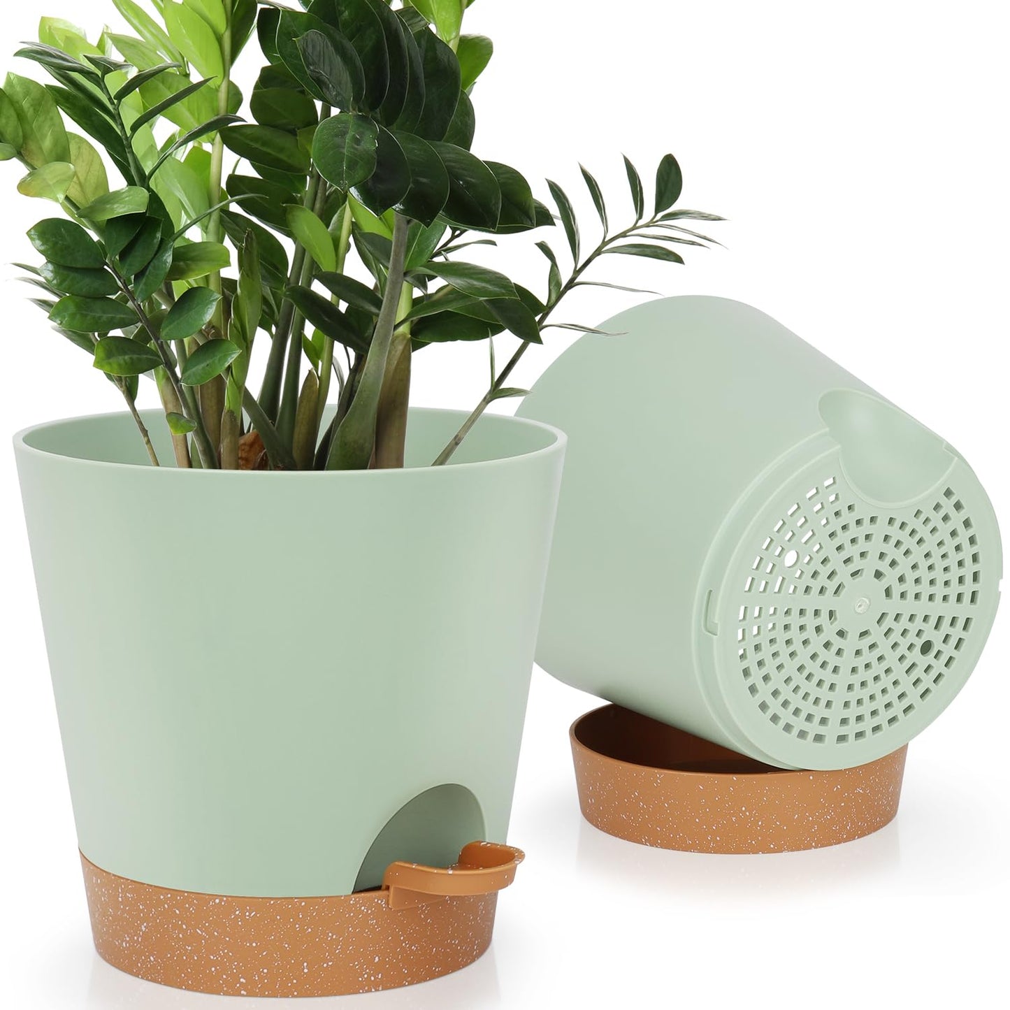 YNNICO 8-Inch Plant Pots, Self-Watering Planters with Drainage Holes & Saucers for Indoor and Outdoor Plants (2-Pack, Green)