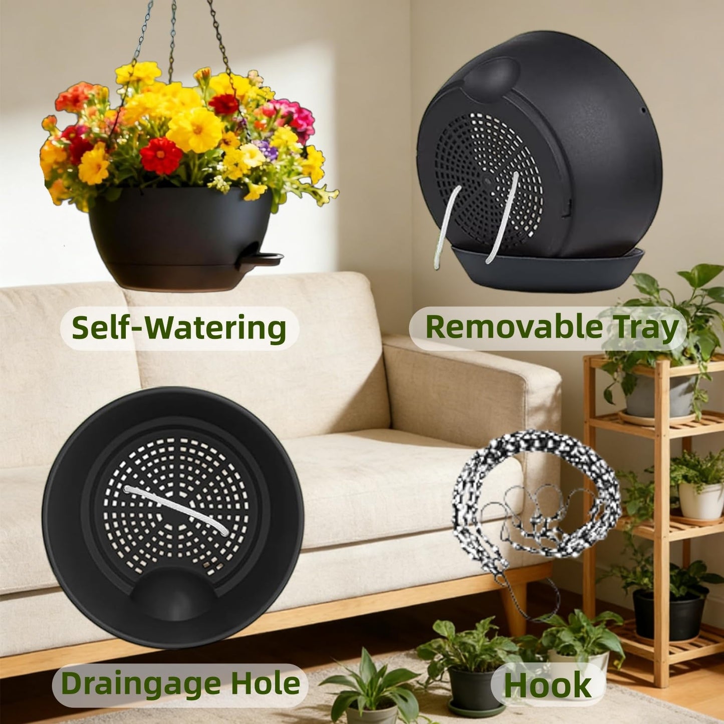 TESSTSY 3 Pack Hanging Planters for Indoor Outdoor Plants, 10 Inch Self Watering Hanging Pots for Plants, Plastic Hanging Flower Baskets for Plants Hanger with Drainage and Tray, Chain (Black)