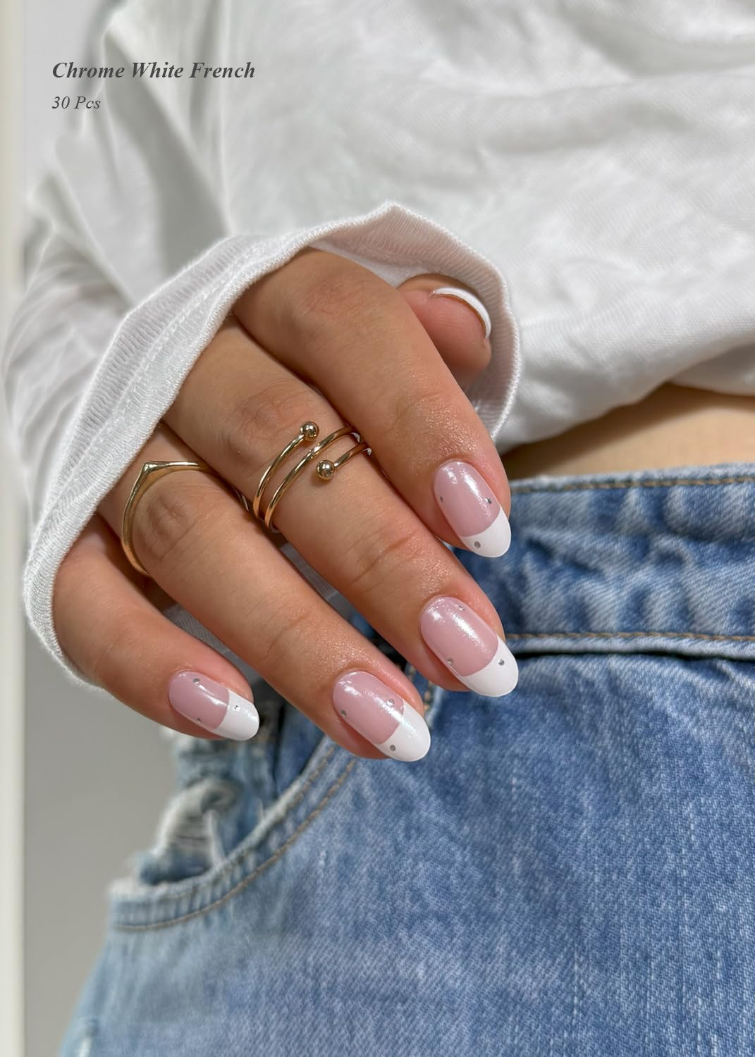 AutyaMee Semi Cured Gel Nail Strips (Chrome White French), Pearls, Glazed Donut, 30 Pcs Gel Nail Wraps, Stickers, UV Light Required