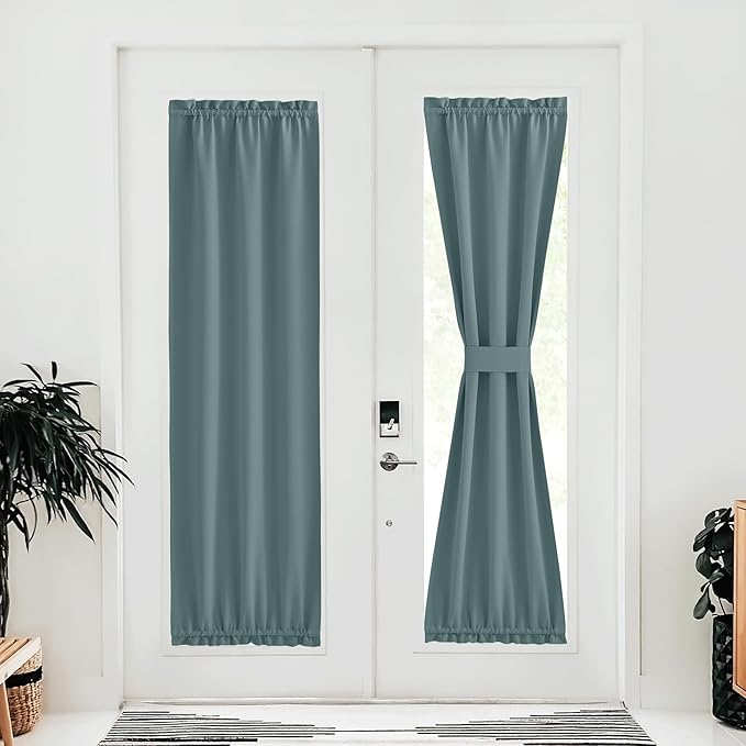 NICETOWN French Door Blackout Curtain for Kitchen Thermal Insulated Drapes Temporary Window Treatment Covering for Glass Door Rod Pocket with Tieback, 25" x 80", Greyish Blue, 1 Panel
