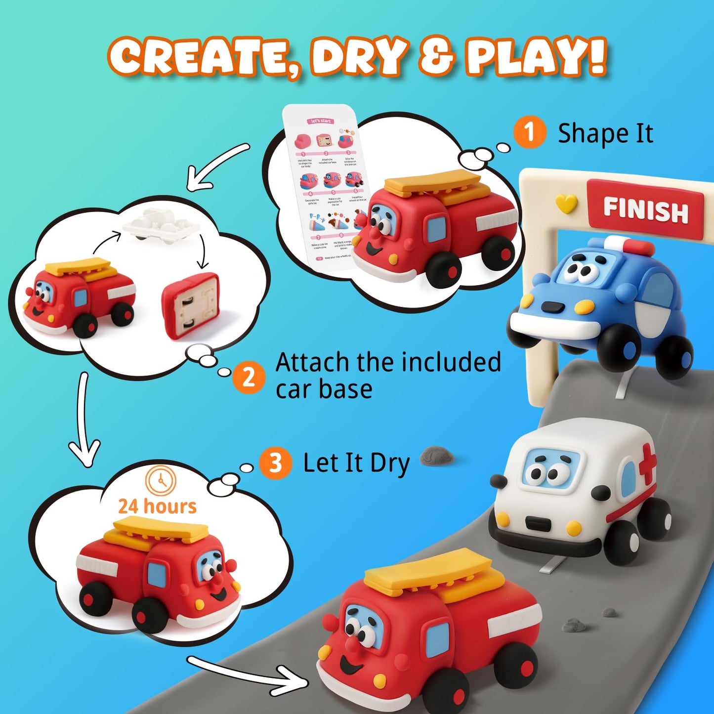Air Dry Clay Kit for Kids - Pull Back Car Making, 3 Boxes Modeling Clay with Sculpting Tools, Base, Backing Board, Tutorial, Ultra Light & Soft, Non-Toxic & Safe, Creative DIY Arts and Crafts Toys