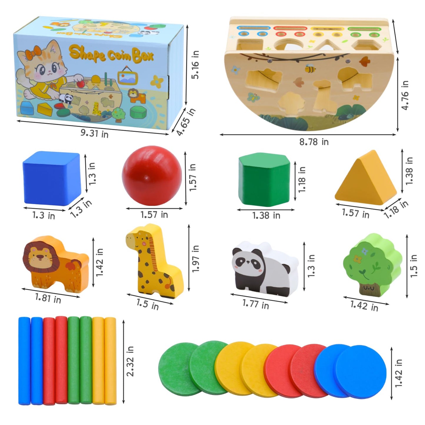 Humerry Montessori Busy Box for Toddlers 1-3, Wooden Object Permanence Coin Box with Shape Sorter & Animal Matching, Sensory Fine Motor Learning Toy with Wobble Base, Gift for 1 2 3 Year Old