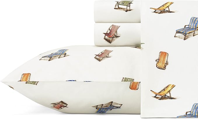 Tommy Bahama - King Sheets, Cotton Percale Bedding Set, Crisp & Cool, Stylish Bedding Set (Beach Chairs Multi, King)