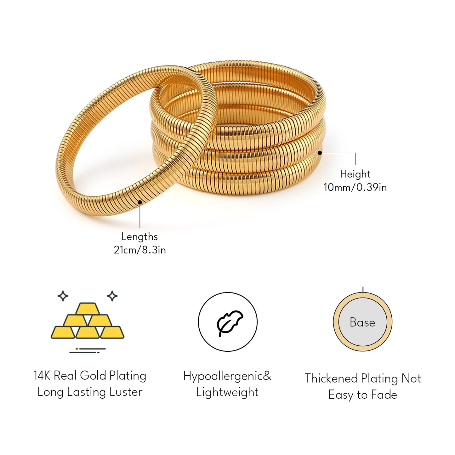 Giovanchi 18K Gold Plated Bangles for Women Set of 4 Chunky Stretch Bangles Bracelets Stainless Steel Bracelets Flexible Wide Stack Bracelets for Women