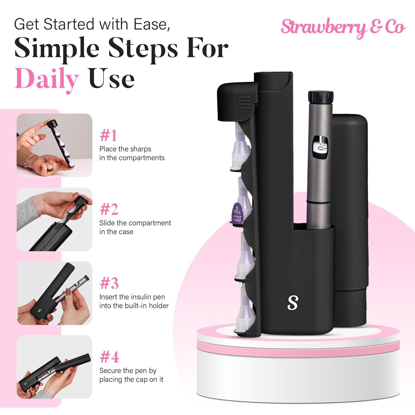 STRAWBERRY & CO Insulin Cooler Travel Case - Built-in Sharps Dispenser & Temperature-Control Organizer- TSA Approved Diabetic Pen Storage for Ozempic, Insulin Pens & Needles - Compact & Leak-Proof