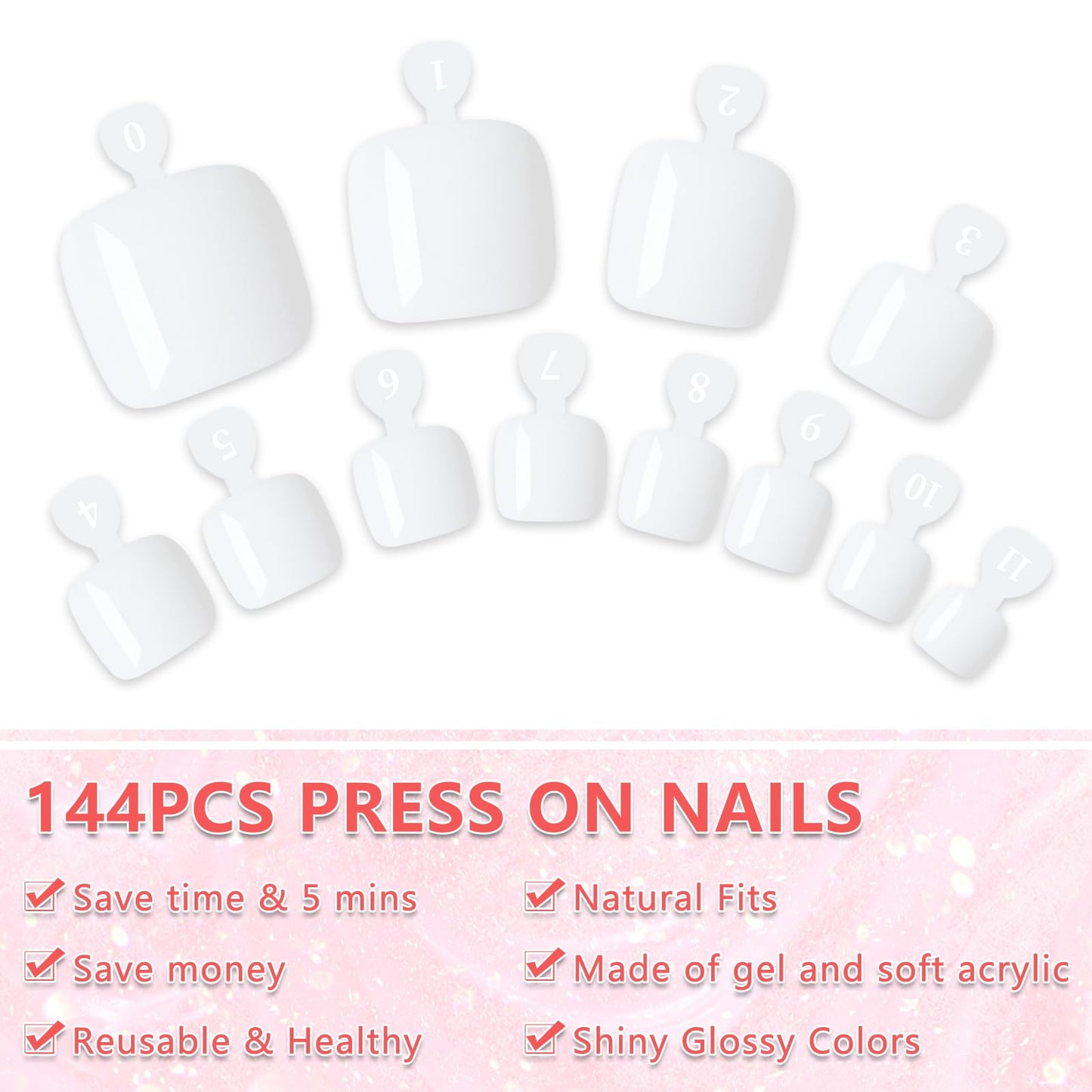 EternalClassic 144pc Press on Toenails for Women Toe Nail Press ons Short Square with Glue&Jelly Glue, White Fake Toe Nails Glue on Toe Nails, Full Cover Acrylic Artificial Toe Press on Nails