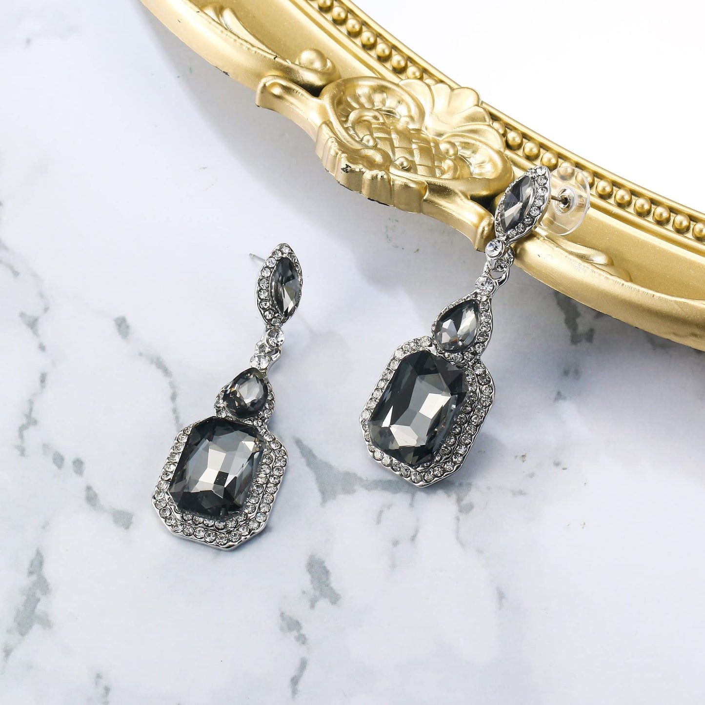 BriLove Wedding Bridal Dangle Earrings for Women Emerald Cut Crystal Infinity Figure 8 Chandelier Jewelry Grey Silver-Tone