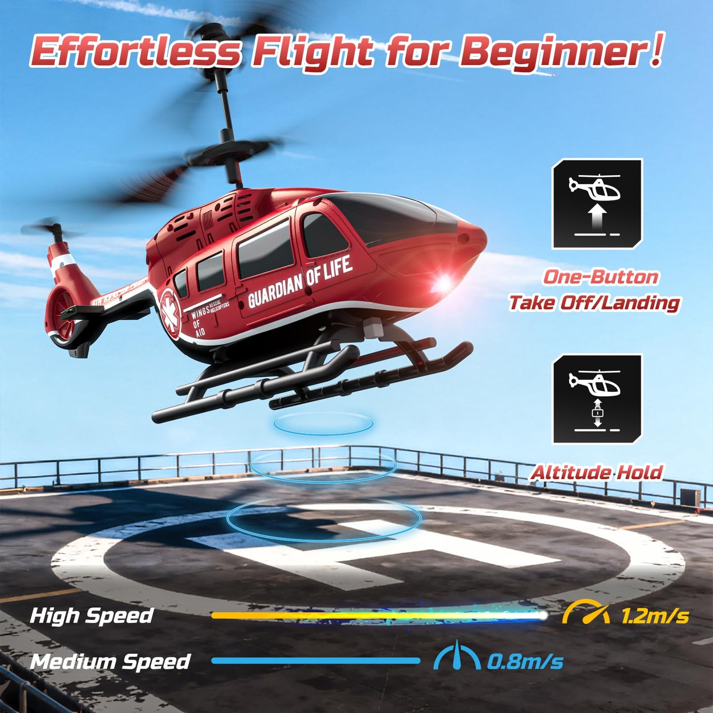 DEERC Remote Control Helicopter, Rescue RC Helicopter Toy with LED Lights, 2 Batteries, Altitude Hold & 2.4GHz Stable Control, Realistic Rescue Design, Ideal Gift for Kids and Adults